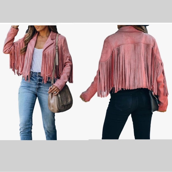Chartou Jackets & Blazers - CHARTOU Pink Faux Suede Fringe Cropped Tassel Western Moto Jacket Women’s XL NWT